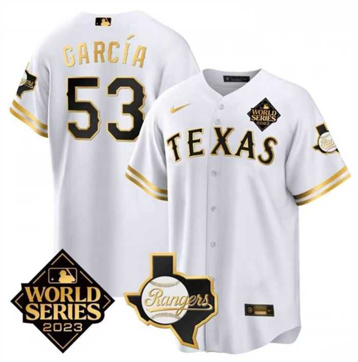 Men%27s Texas Rangers & Cowboys #53 Adolis Garcia White 2023 World Series Splite Stitched Baseball Jersey Dzhi